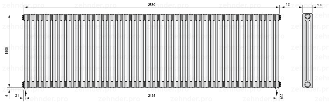 Схема (чертеж) Радиатор Zehnder Charleston 3180/55 №5310 Белый глянцевый RAL 9016
